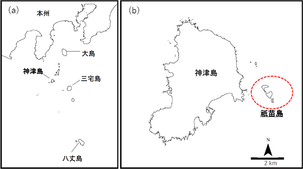 図1. 伊豆諸島神津島及び属島の祇苗島(赤い点線囲み部分)